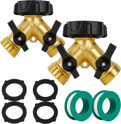 Brass Garden Hose Splitter 2 Way, 3/4 Inch Hose Connector Tap Splitter, Hose Y Splitter, Hose Spigot Adapter 2 Valves with Extra Rubber Washers