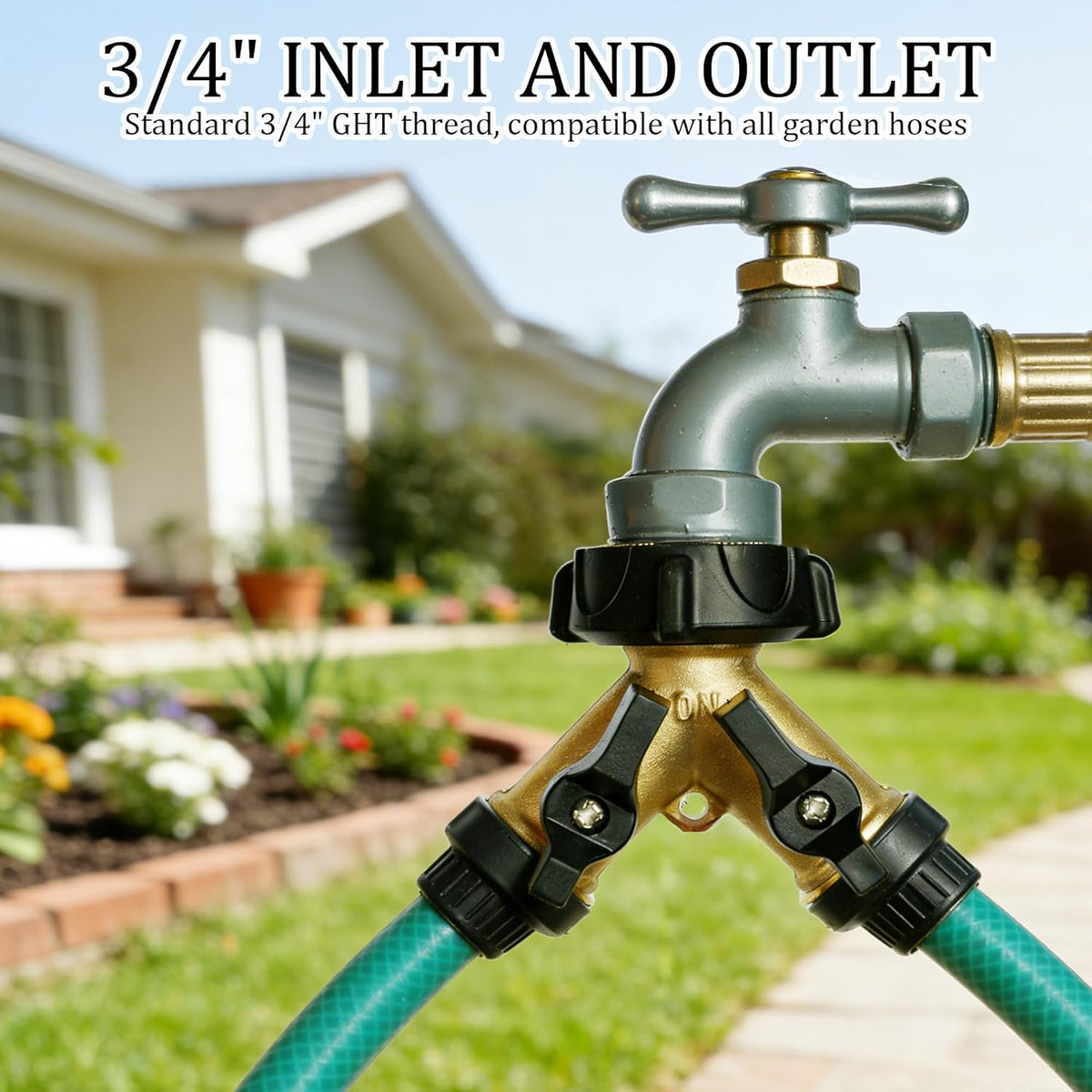 Brass Garden Hose Splitter 2 Way, 3/4 Inch Hose Connector Tap Splitter, Hose Y Splitter, Hose Spigot Adapter 2 Valves with Extra Rubber Washers