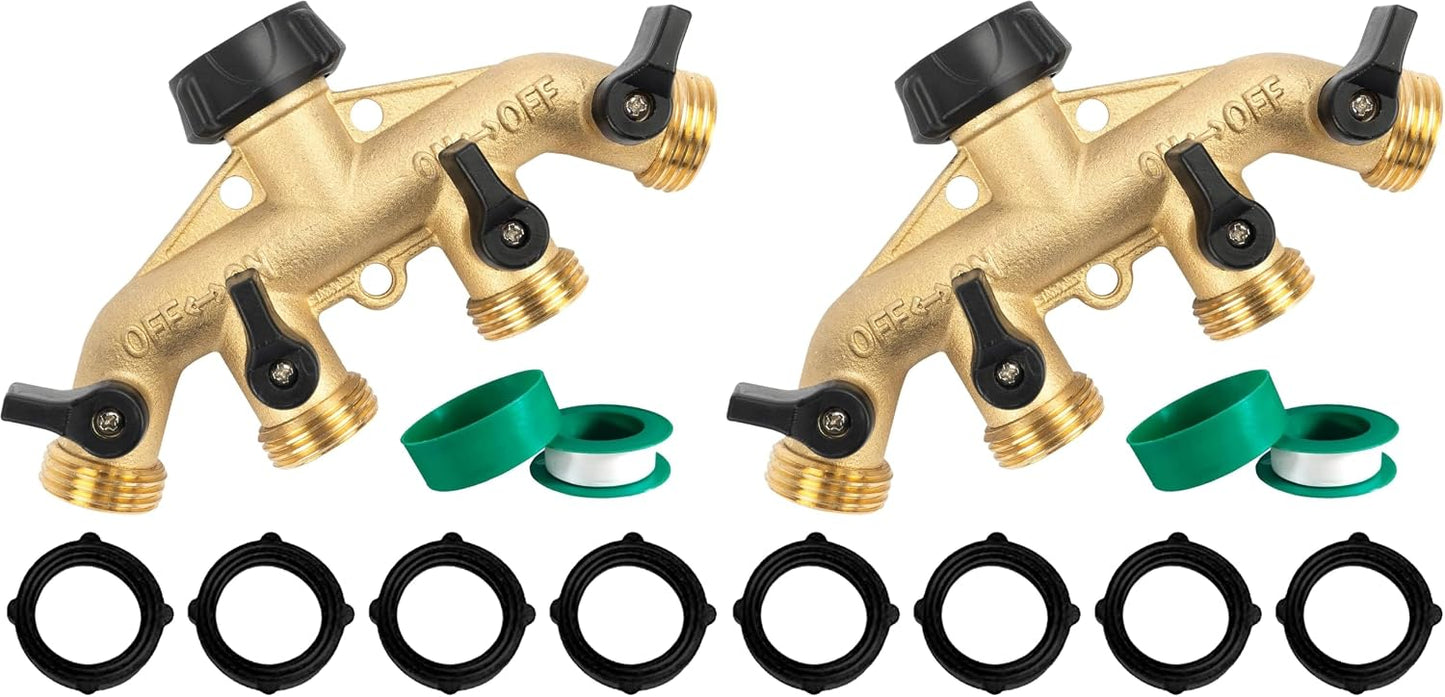 Brass Garden Hose Splitter 2 Way, 3/4 Inch Hose Connector Tap Splitter, Hose Y Splitter, Hose Spigot Adapter 2 Valves with Extra Rubber Washers
