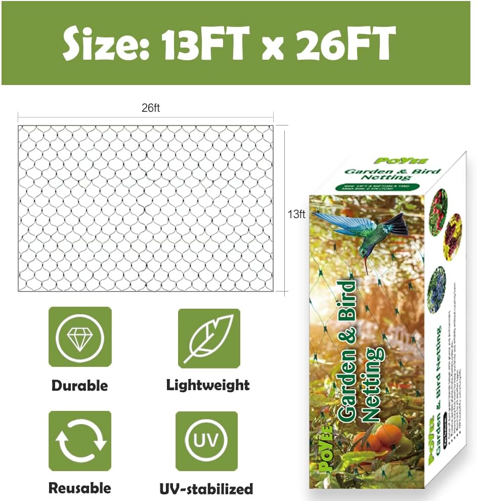 30x30ft Bird Netting, 1/2 inch Mesh, Heavy Duty Garden Netting
