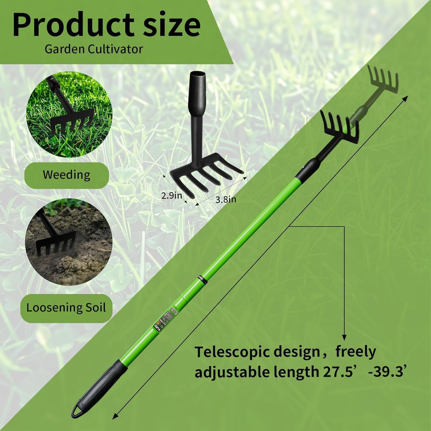 Small Garden Rake, 27-39" Telescopic Hand Cultivator