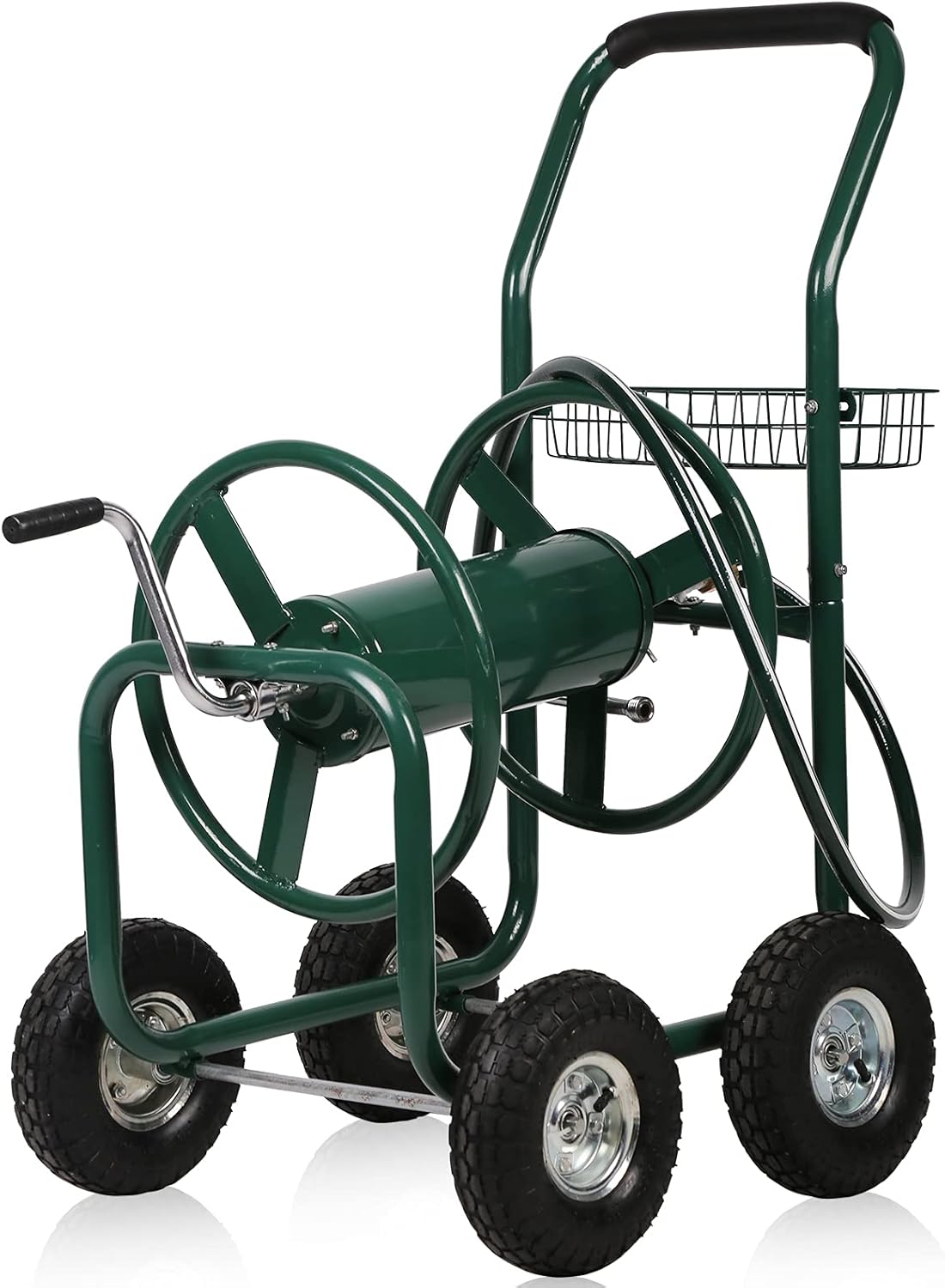 Hose Reel Cart with Wheels, Heavy Duty Portable Garden Hose Carts Outdoor, 4-Wheel Water Hose Truck with Storage Basket for Yard Lawn Planting and Watering