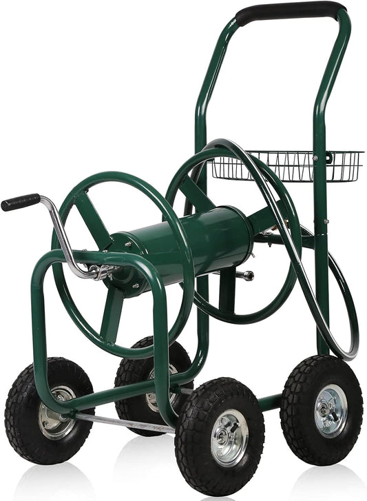 Hose Reel Cart with Wheels, Heavy Duty Portable Garden Hose Carts Outdoor, 4-Wheel Water Hose Truck with Storage Basket for Yard Lawn Planting and Watering