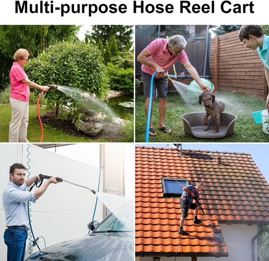 Hose Reel Cart with Wheels, Heavy Duty Portable Garden Hose Carts Outdoor, 4-Wheel Water Hose Truck with Storage Basket for Yard Lawn Planting and Watering