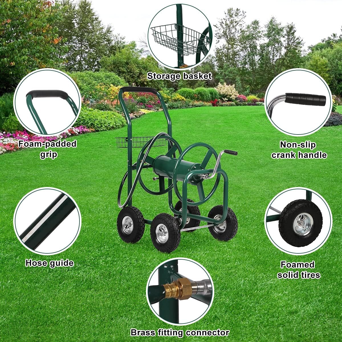 Hose Reel Cart with Wheels, Heavy Duty Portable Garden Hose Carts Outdoor, 4-Wheel Water Hose Truck with Storage Basket for Yard Lawn Planting and Watering