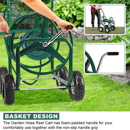 Hose Reel Cart with Wheels, Heavy Duty Portable Garden Hose Carts Outdoor, 4-Wheel Water Hose Truck with Storage Basket for Yard Lawn Planting and Watering