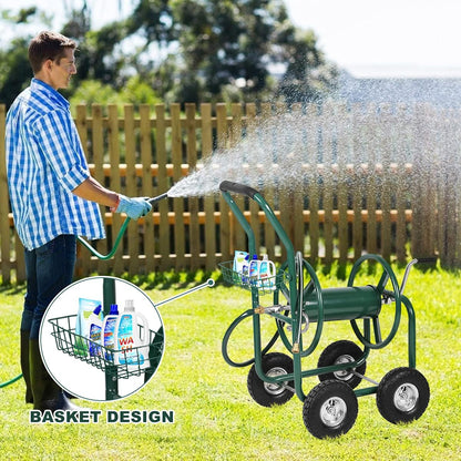 Hose Reel Cart with Wheels, Heavy Duty Portable Garden Hose Carts Outdoor, 4-Wheel Water Hose Truck with Storage Basket for Yard Lawn Planting and Watering