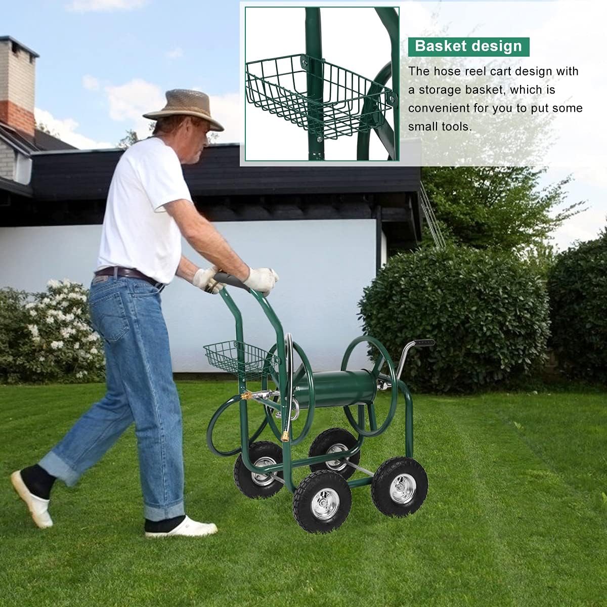 Hose Reel Cart with Wheels, Heavy Duty Portable Garden Hose Carts Outdoor, 4-Wheel Water Hose Truck with Storage Basket for Yard Lawn Planting and Watering