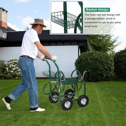 Hose Reel Cart with Wheels, Heavy Duty Portable Garden Hose Carts Outdoor, 4-Wheel Water Hose Truck with Storage Basket for Yard Lawn Planting and Watering