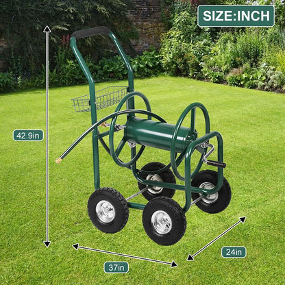 Hose Reel Cart with Wheels, Heavy Duty Portable Garden Hose Carts Outdoor, 4-Wheel Water Hose Truck with Storage Basket for Yard Lawn Planting and Watering