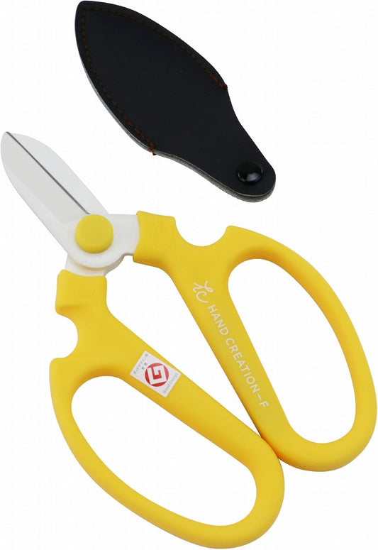Japanese Floral Scissors - SAKAGEN Hand Creation, Professional Ultra Sharp Flower Shears for Floral Design, Ikebana & Gardening, Made in Japan, F-170 (Yellow)