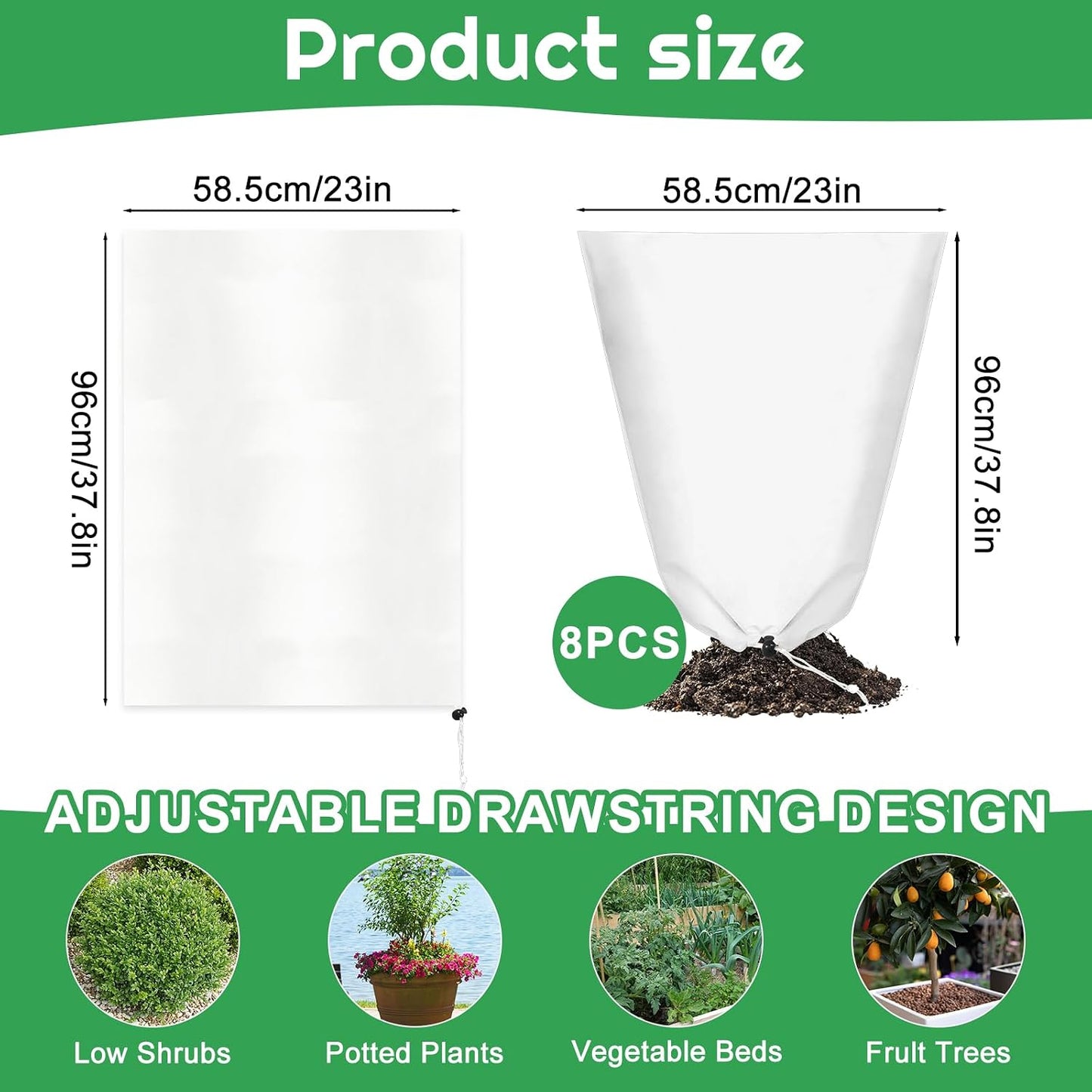 8 Pcs Winter Plant Covers Freeze Protection, 39.4x23.6 Inch Horizontal Shrub Tree Plant Protection Bags with Drawstring Plant Protector Shrub Frost Blanket for Winter Outdoor Garden Potted Plants