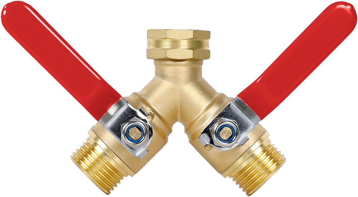Garden Hose Splitter 2-Ways with Long Stainless Steel Handle, Full Flow Hose Splitter Connector Heavy Duty Brass, 3/4" GHT Thread Y Valve, Water Garden Hose Tap Adapter