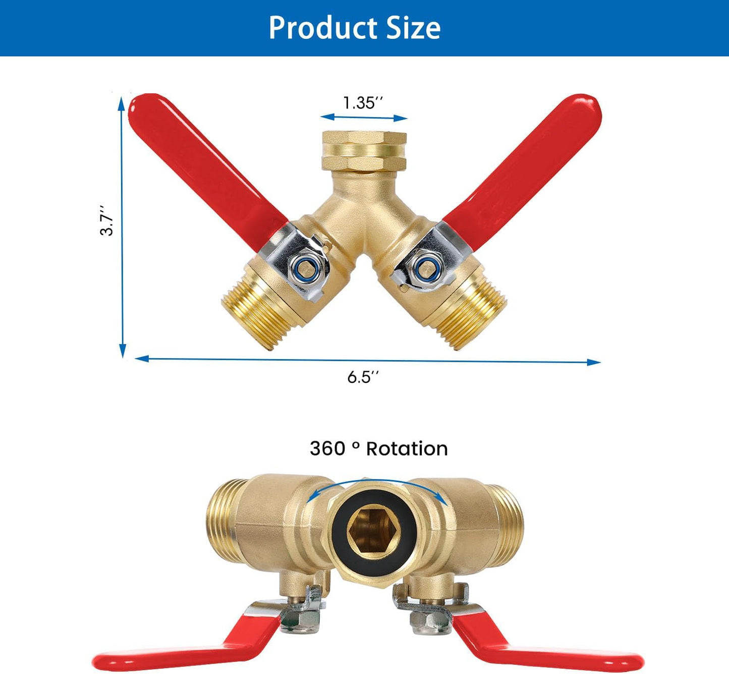 Garden Hose Splitter 2-Ways with Long Stainless Steel Handle, Full Flow Hose Splitter Connector Heavy Duty Brass, 3/4" GHT Thread Y Valve, Water Garden Hose Tap Adapter