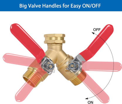 Garden Hose Splitter 2-Ways with Long Stainless Steel Handle, Full Flow Hose Splitter Connector Heavy Duty Brass, 3/4" GHT Thread Y Valve, Water Garden Hose Tap Adapter