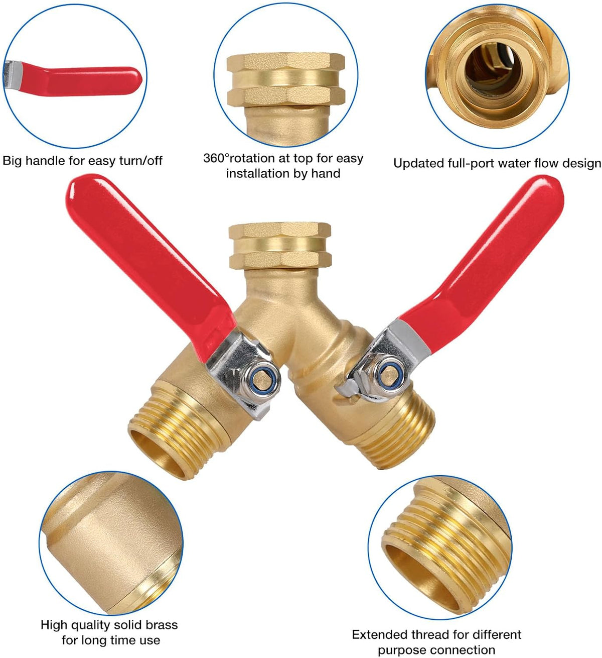 Garden Hose Splitter 2-Ways with Long Stainless Steel Handle, Full Flow Hose Splitter Connector Heavy Duty Brass, 3/4" GHT Thread Y Valve, Water Garden Hose Tap Adapter