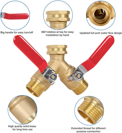 Garden Hose Splitter 2-Ways with Long Stainless Steel Handle, Full Flow Hose Splitter Connector Heavy Duty Brass, 3/4" GHT Thread Y Valve, Water Garden Hose Tap Adapter