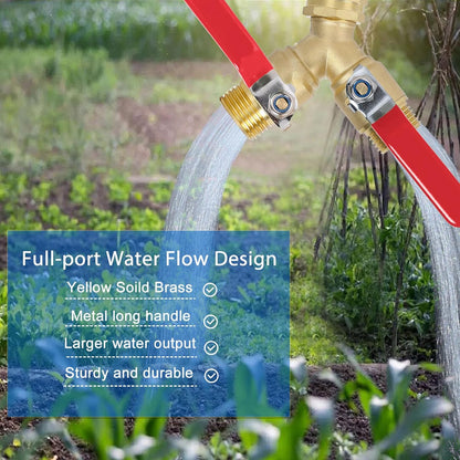 Garden Hose Splitter 2-Ways with Long Stainless Steel Handle, Full Flow Hose Splitter Connector Heavy Duty Brass, 3/4" GHT Thread Y Valve, Water Garden Hose Tap Adapter