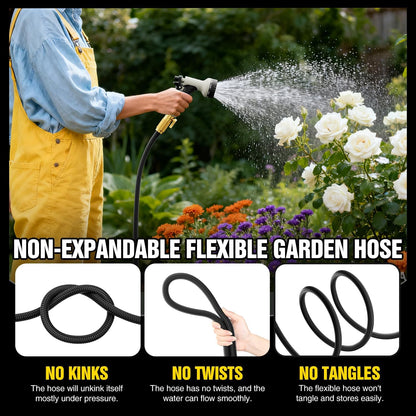 Garden Hose 100 ft Non-Expandable, Flexible Water Hose, Lightweight Hose with 10-Function Nozzle for Yard, Portable, Leak Proof, All-Weather Water Pipe for Outdoor, Car Wash, RV, Lawn