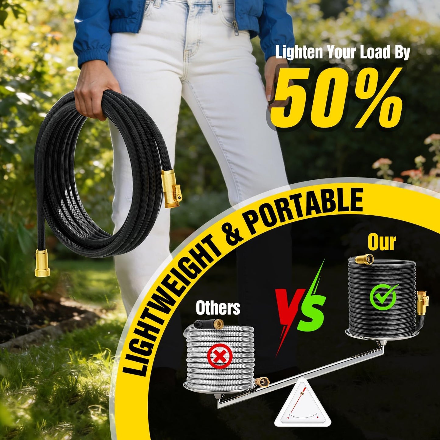 Garden Hose 100 ft Non-Expandable, Flexible Water Hose, Lightweight Hose with 10-Function Nozzle for Yard, Portable, Leak Proof, All-Weather Water Pipe for Outdoor, Car Wash, RV, Lawn