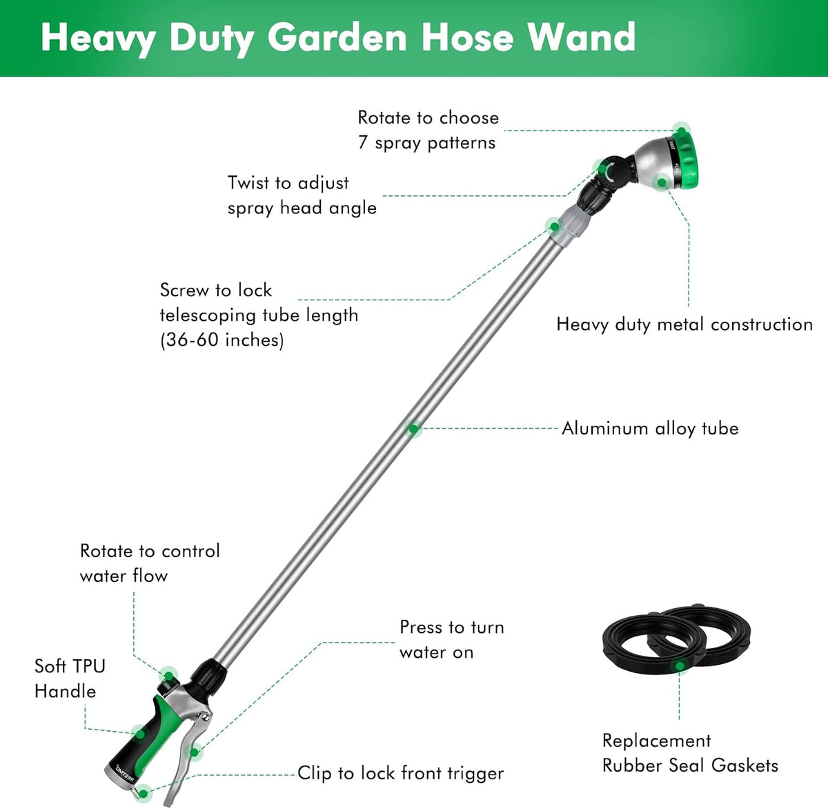 Long Telescopic Watering Wand for Garden Hose, 36”-60” Garden Wand