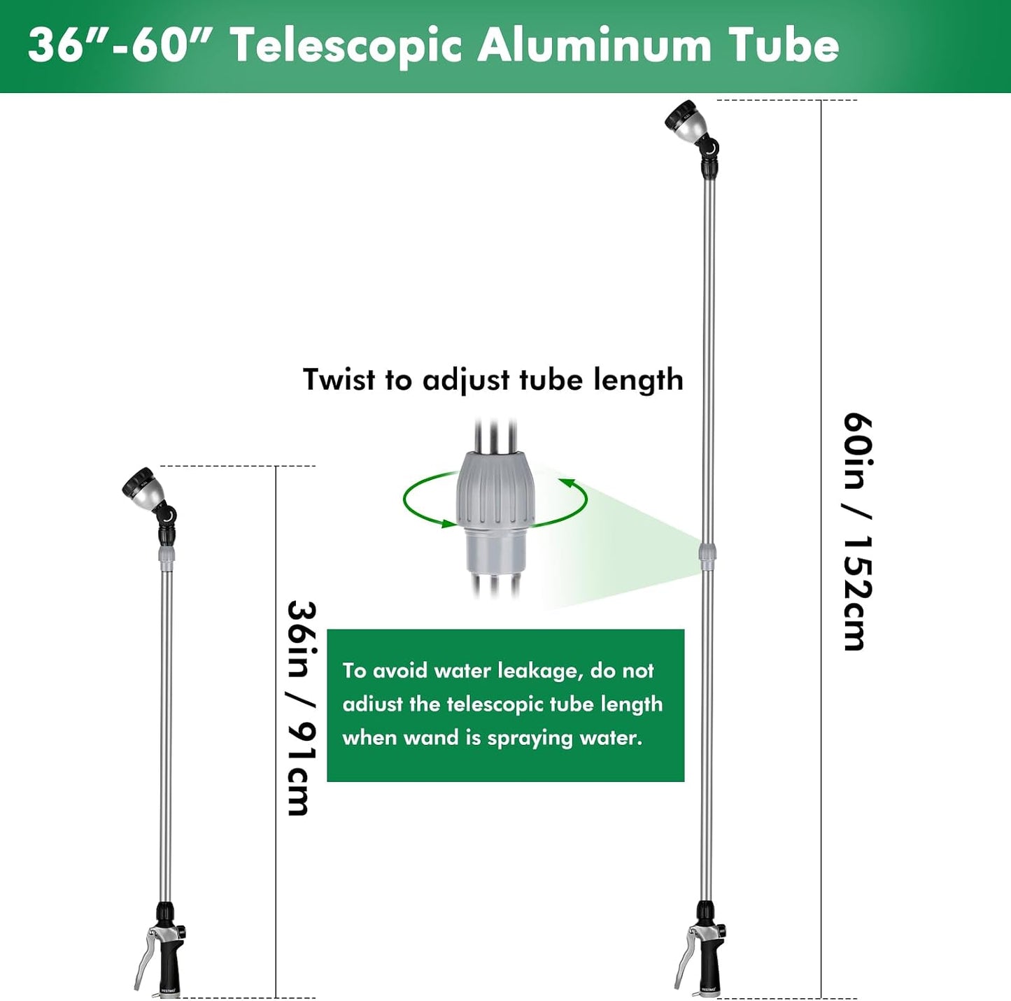 Long Telescopic Watering Wand for Garden Hose, 36”-60” Garden Wand