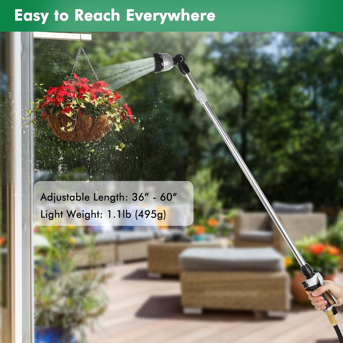 Long Telescopic Watering Wand for Garden Hose, 36”-60” Garden Wand