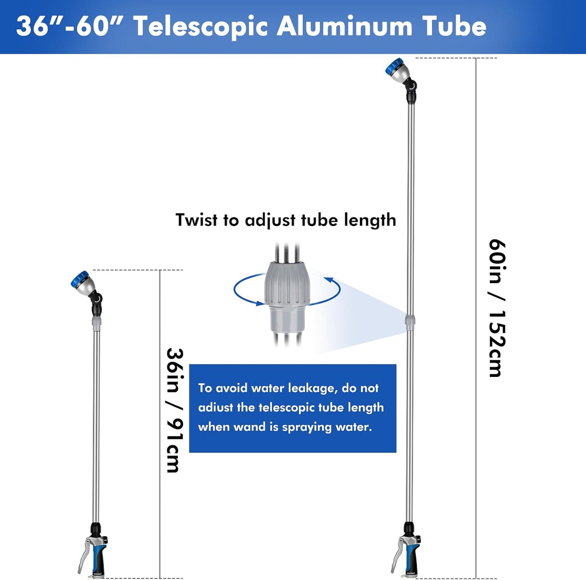 Long Telescopic Watering Wand for Garden Hose, 36”-60” Garden Wand