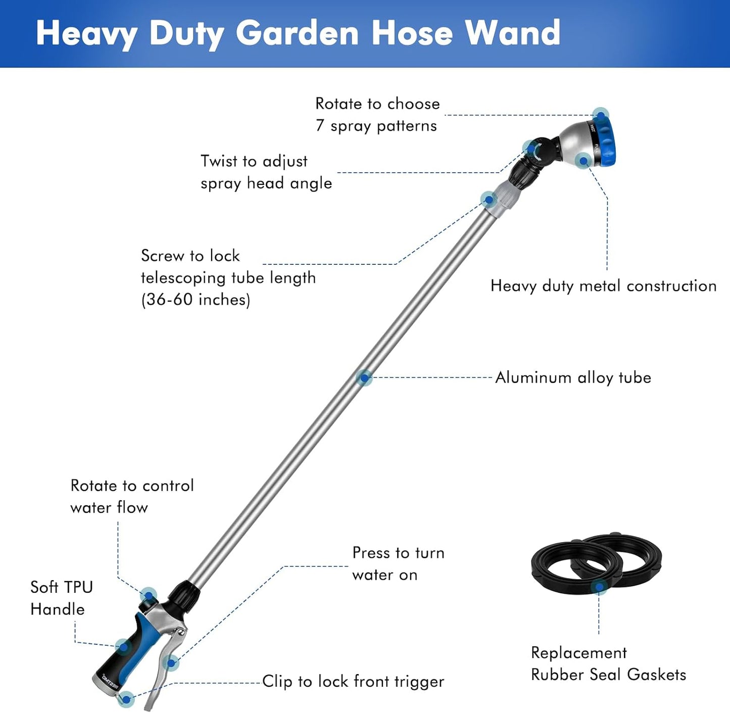 Long Telescopic Watering Wand for Garden Hose, 36”-60” Garden Wand