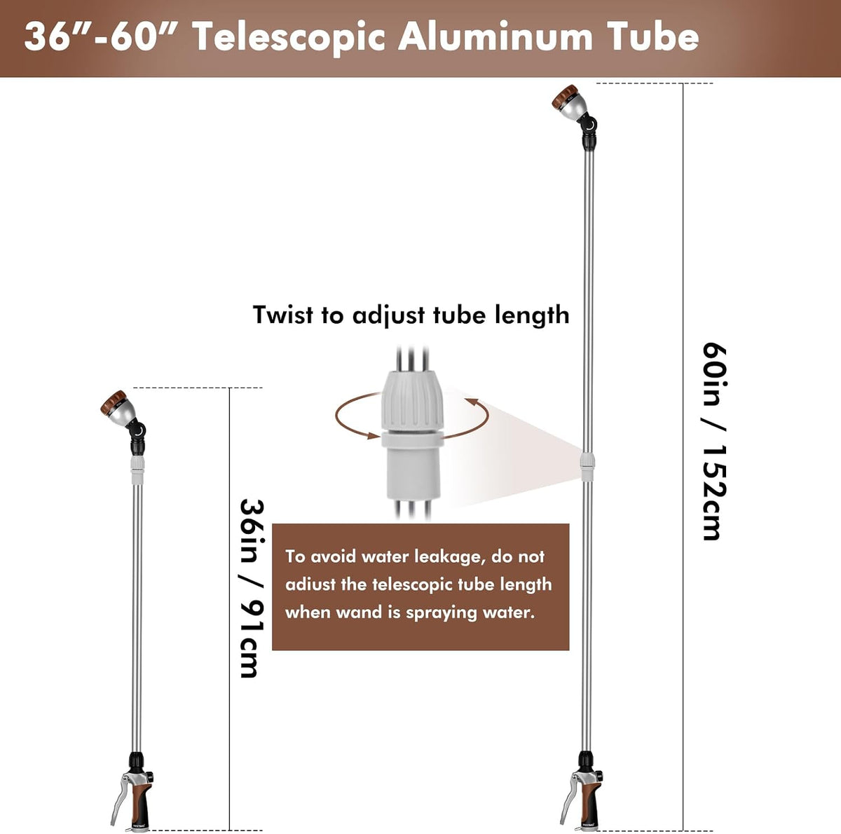 Long Telescopic Watering Wand for Garden Hose, 36”-60” Garden Wand