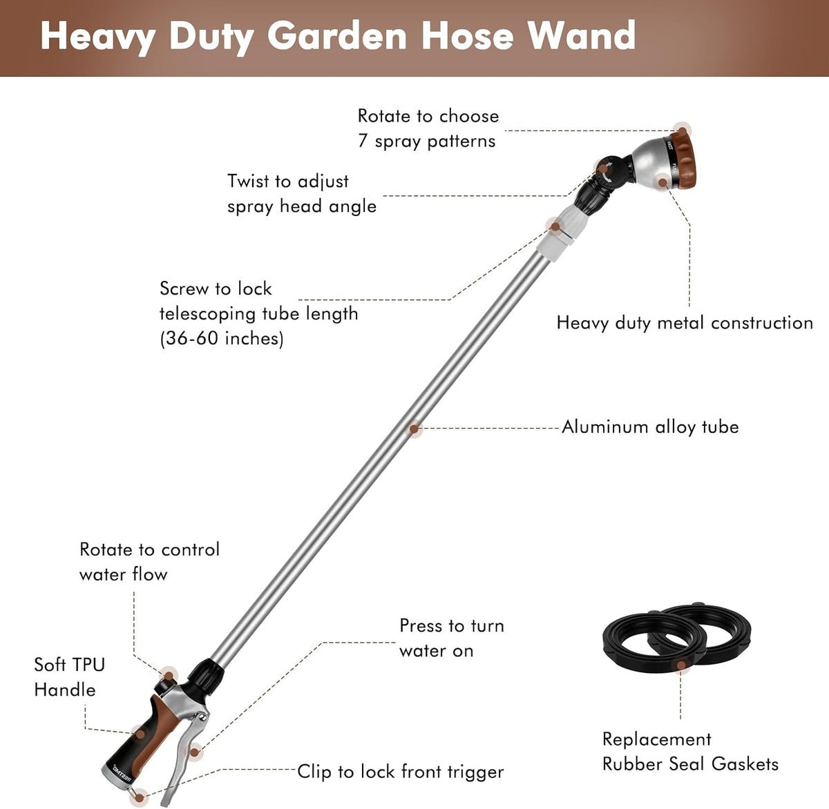 Long Telescopic Watering Wand for Garden Hose, 36”-60” Garden Wand