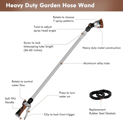 Long Telescopic Watering Wand for Garden Hose, 36”-60” Garden Wand