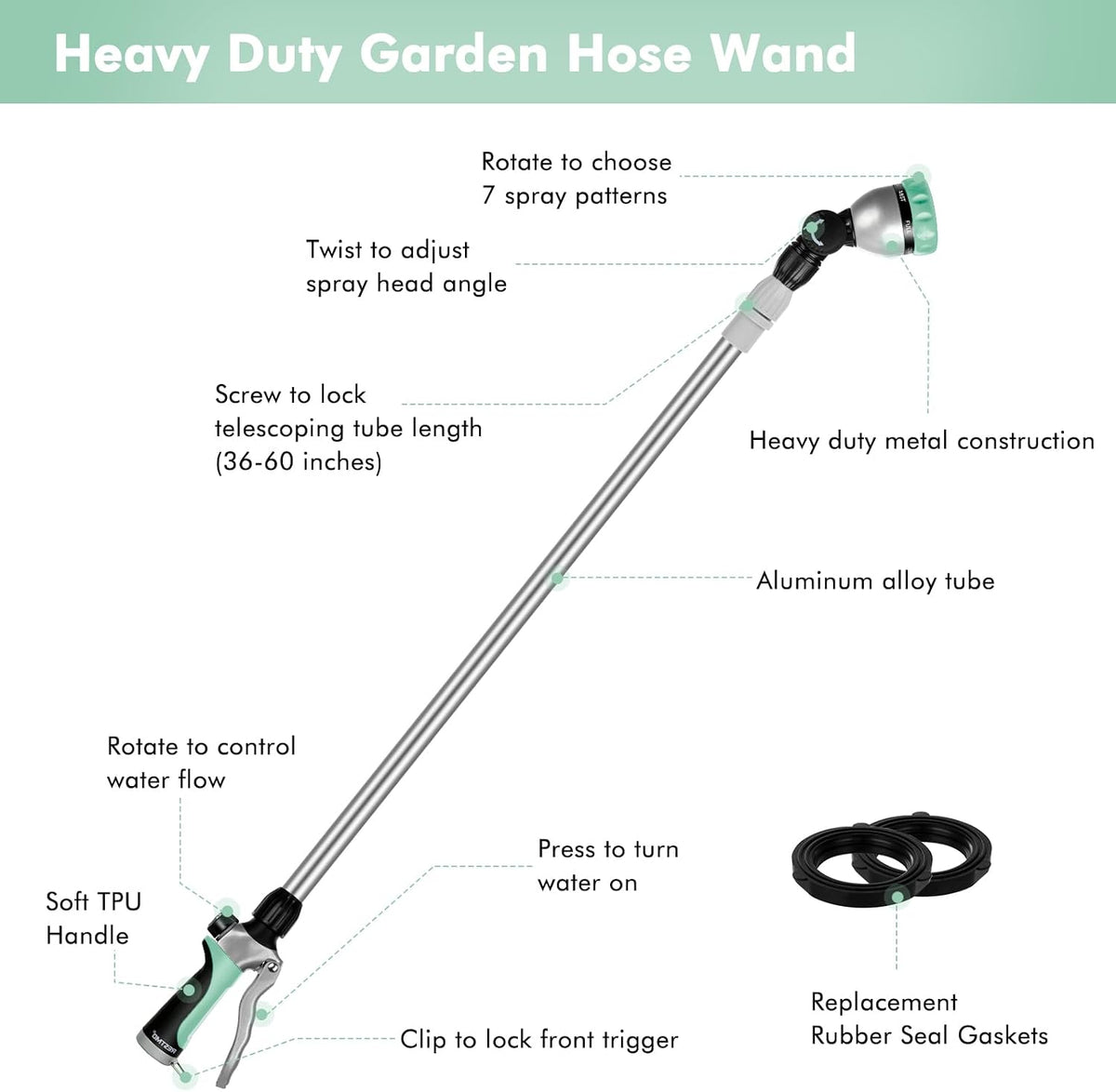 Long Telescopic Watering Wand for Garden Hose, 36”-60” Garden Wand