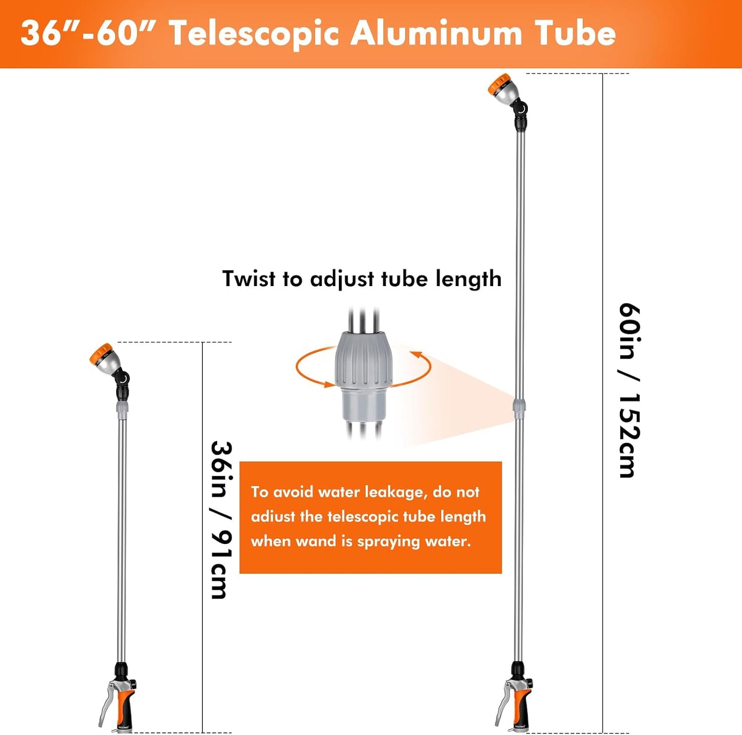Long Telescopic Watering Wand for Garden Hose, 36”-60” Garden Wand