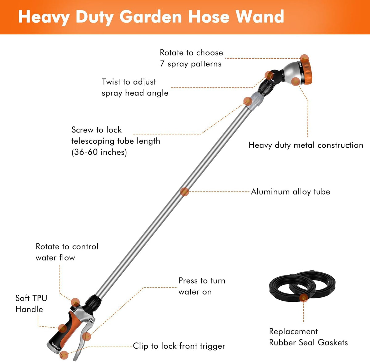 Long Telescopic Watering Wand for Garden Hose, 36”-60” Garden Wand