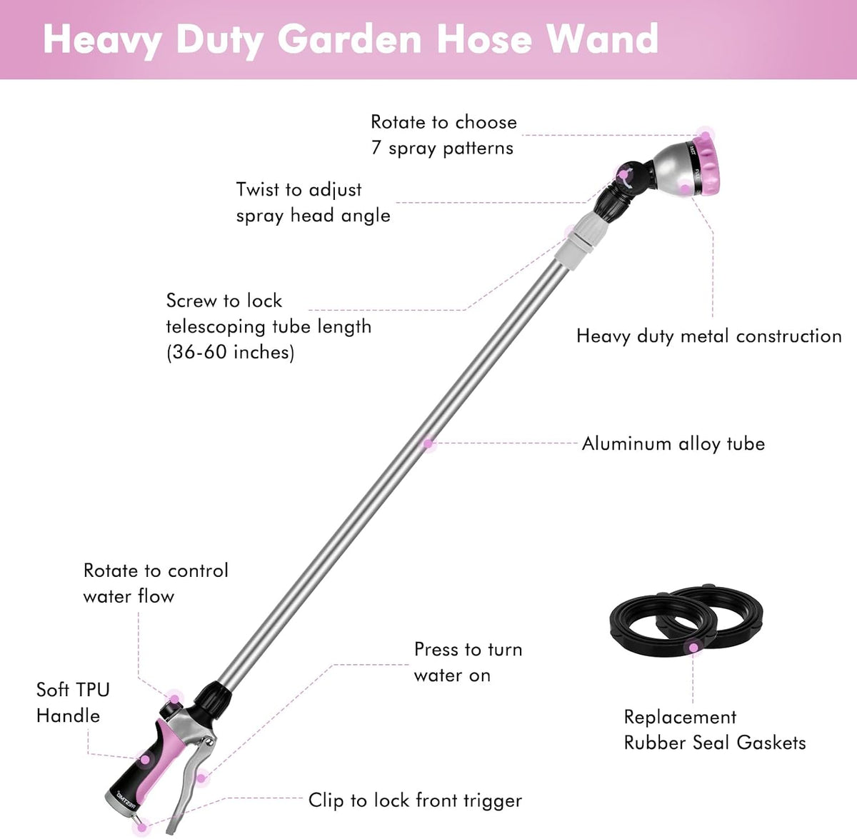 Long Telescopic Watering Wand for Garden Hose, 36”-60” Garden Wand