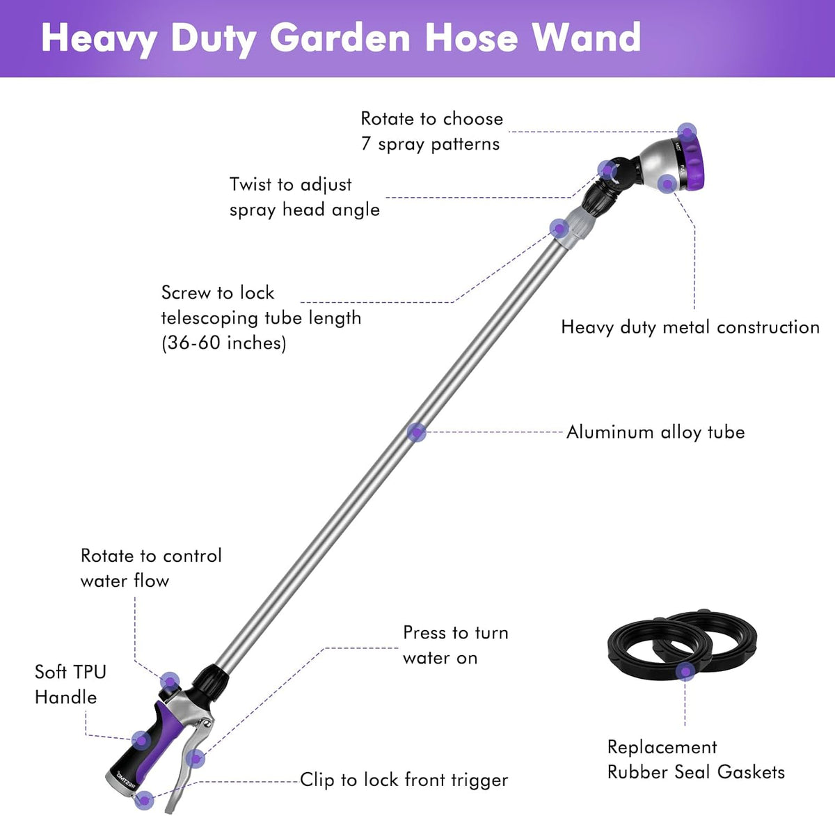 Long Telescopic Watering Wand for Garden Hose, 36”-60” Garden Wand