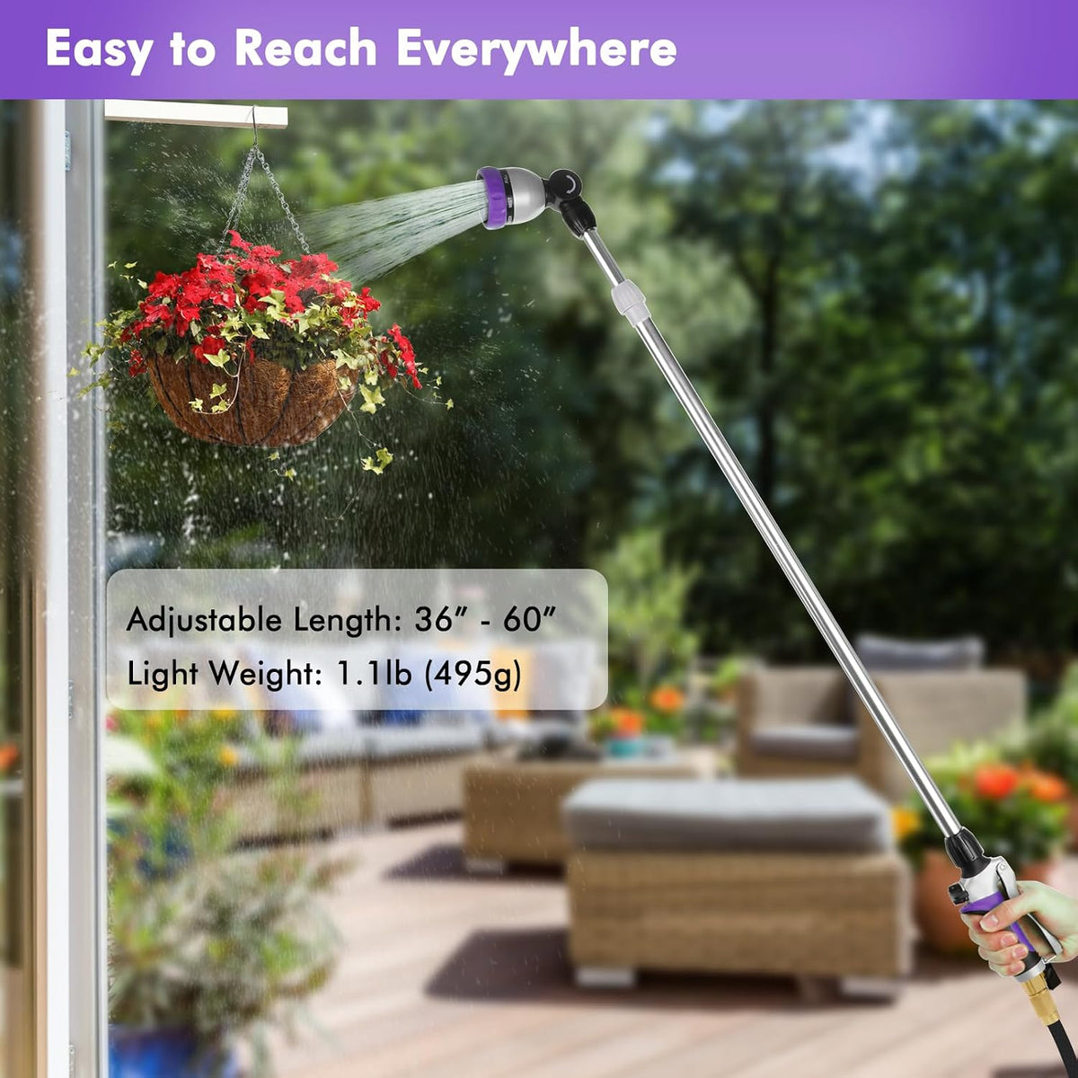 Long Telescopic Watering Wand for Garden Hose, 36”-60” Garden Wand