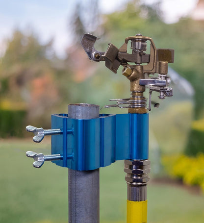 Post-Mount Sprinkler with Brass Impulse Head – Adjustable Watering Patterns, Covers up to 70 Feet, Mounts on T-Post, U-Post, or Round Post up to 1.5 Inches in Diamater, Metallic Blue
