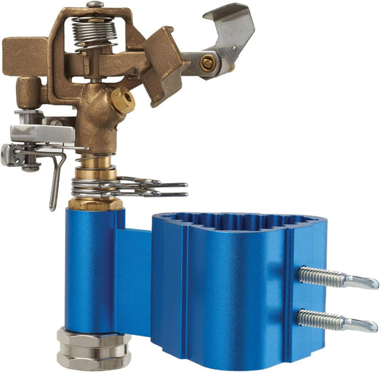 Post-Mount Sprinkler with Brass Impulse Head – Adjustable Watering Patterns, Covers up to 70 Feet, Mounts on T-Post, U-Post, or Round Post up to 1.5 Inches in Diamater, Metallic Blue