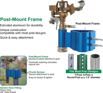 Post-Mount Sprinkler with Brass Impulse Head – Adjustable Watering Patterns, Covers up to 70 Feet, Mounts on T-Post, U-Post, or Round Post up to 1.5 Inches in Diamater, Metallic Blue