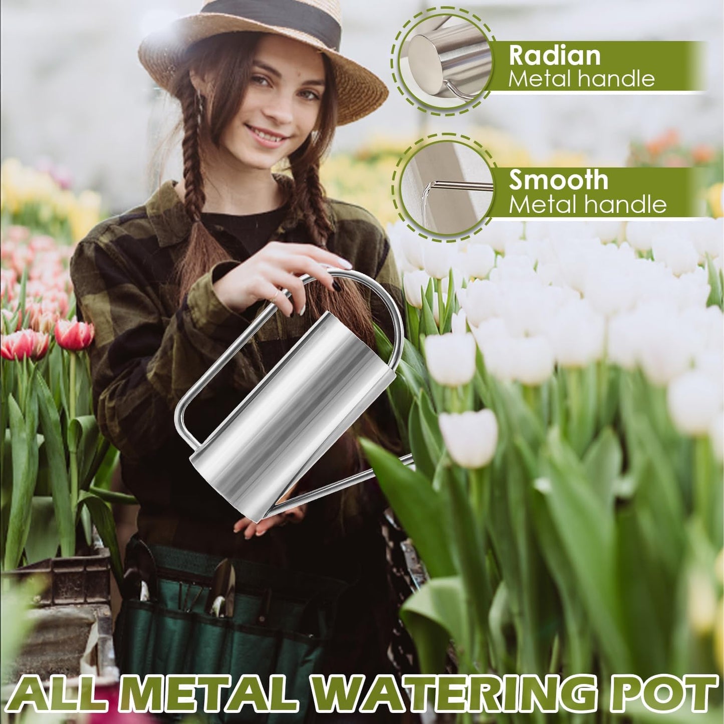 Watering Can Outdoor, 50 oz/1.5L Watering Can with Long Spout and Handle, Stainless Steel Garden Watering Pot for Outdoor and Indoor Plants