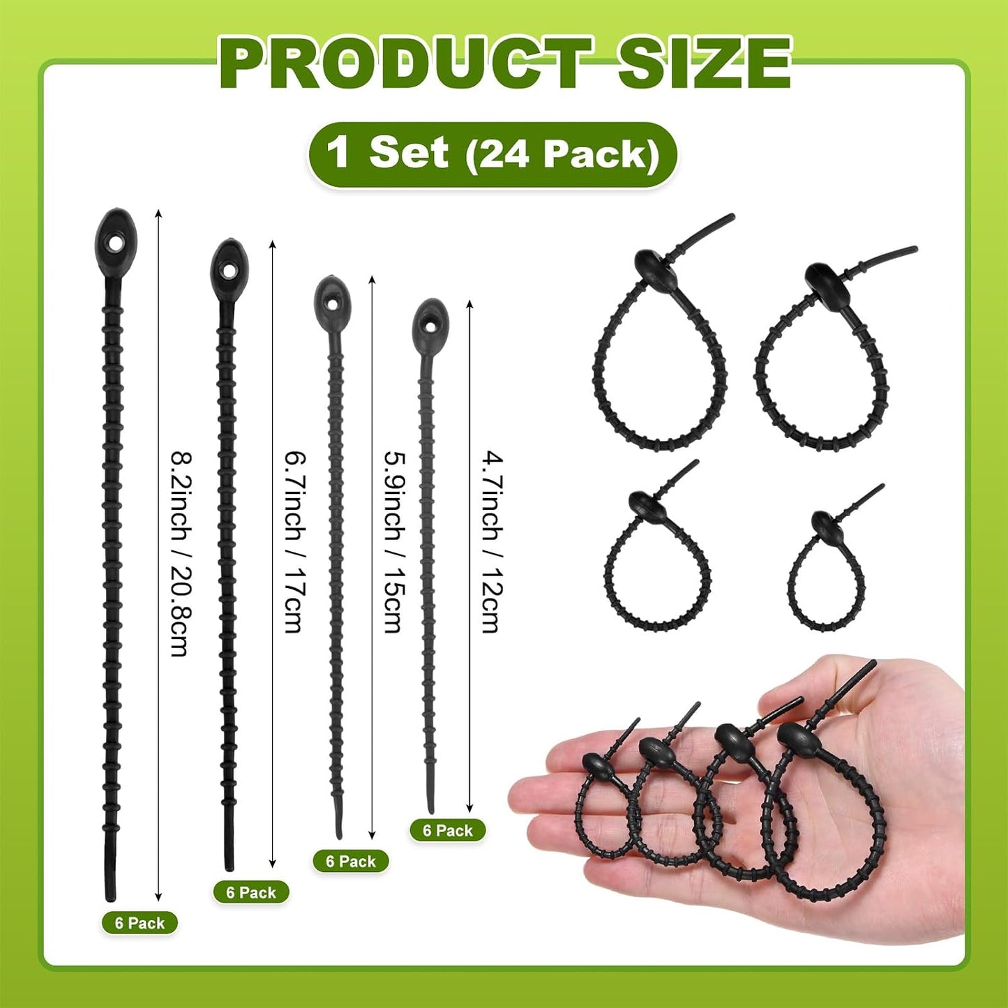 24-Pack Adjustable Plant Ties, 4.7/5.9/6.7/8.2 Inch Silicone Flexible Multi-Function Garden Twist Tie for Crafts/Gift Wrapping/Gardening Plants, Reusable Support Twine [Black]