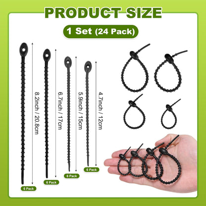 24-Pack Adjustable Plant Ties, 4.7/5.9/6.7/8.2 Inch Silicone Flexible Multi-Function Garden Twist Tie for Crafts/Gift Wrapping/Gardening Plants, Reusable Support Twine [Black]