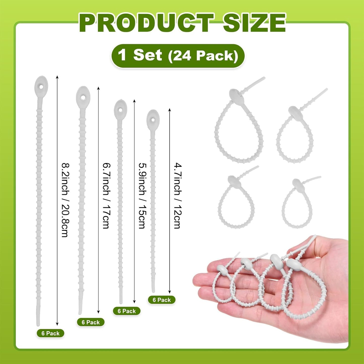 24-Pack Adjustable Plant Ties, 4.7/5.9/6.7/8.2 Inch Silicone Flexible Multi-Function Garden Twist Tie for Crafts/Gift Wrapping/Gardening Plants, Reusable Support Twine [Black]