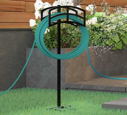 Freestanding Garden Hose Holder Hanger, Heavy Duty Metal Water Hose Holder Storage Stand Rack, Holds 150ft Hose for Outside Patio Lawn and Yard, Black