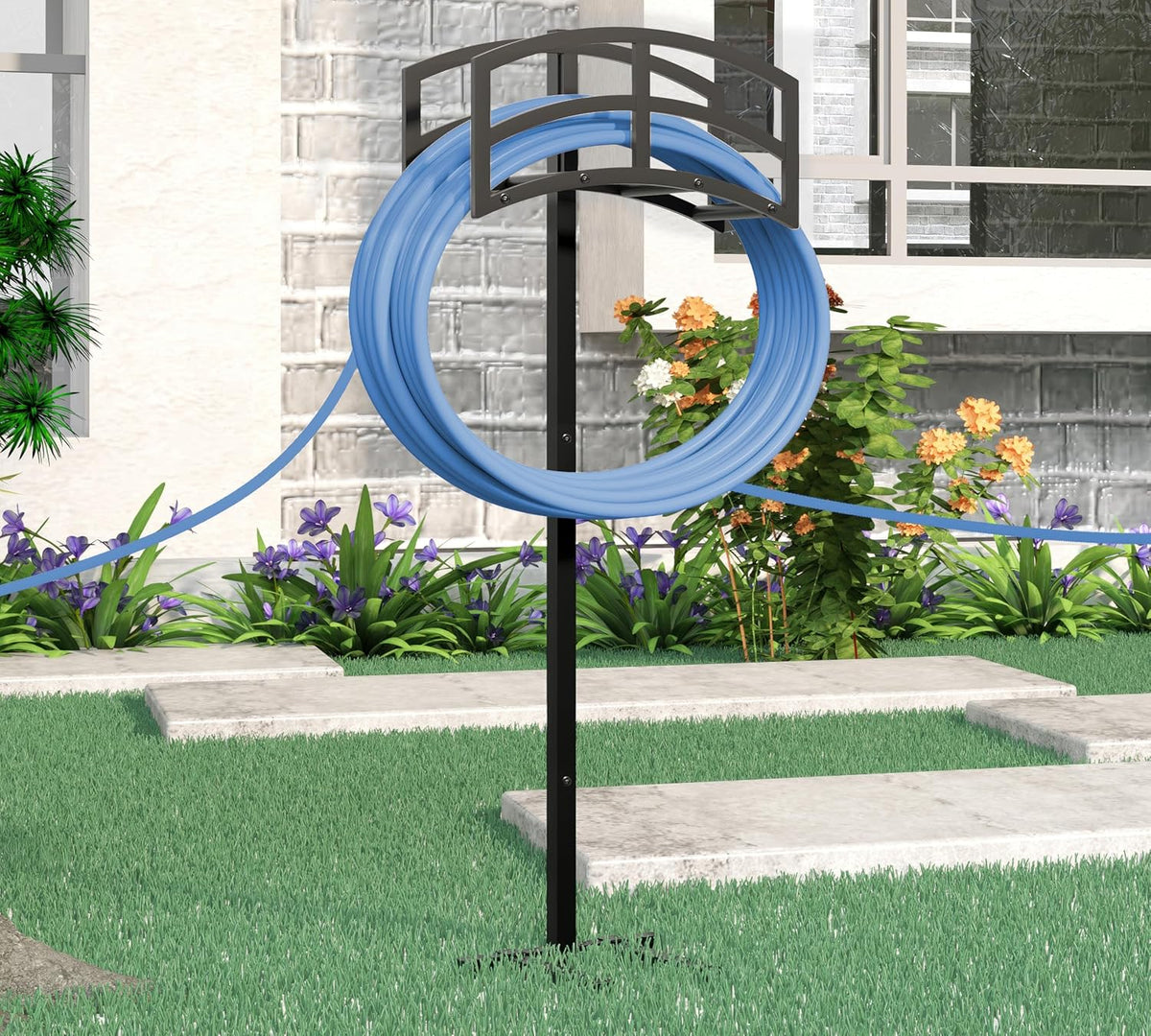 Freestanding Garden Hose Holder Hanger, Heavy Duty Metal Water Hose Holder Storage Stand Rack, Holds 150ft Hose for Outside Patio Lawn and Yard, Black