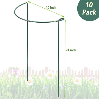 10 Pack Plant Support Stakes, 4 mm Thick 24 Inch Half Round Metal Garden Stakes, Plant Support Cages Ring for Peony Tomato Hydrangea Rose Flower Indoor Outdoor (10" Wide x 24" High)