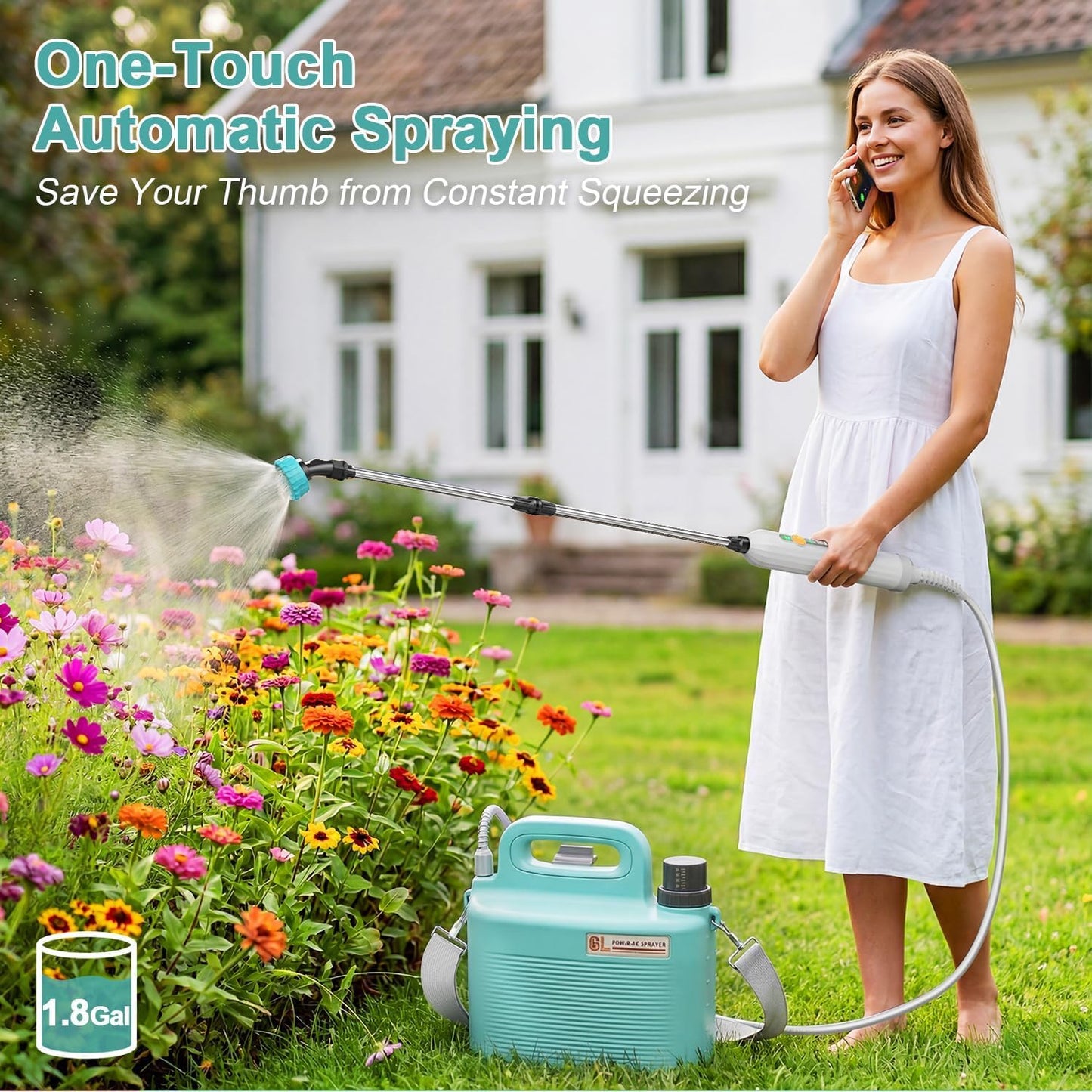 Battery Powered Garden Sprayer 1.8 Gallon, Lightweight Electric Weed Sprayer with Telescopic Wand & Adjustable Nozzles, Portable Yard Sprayer for Plant Watering, Lawn Care, Fertilizing (1.8gal)