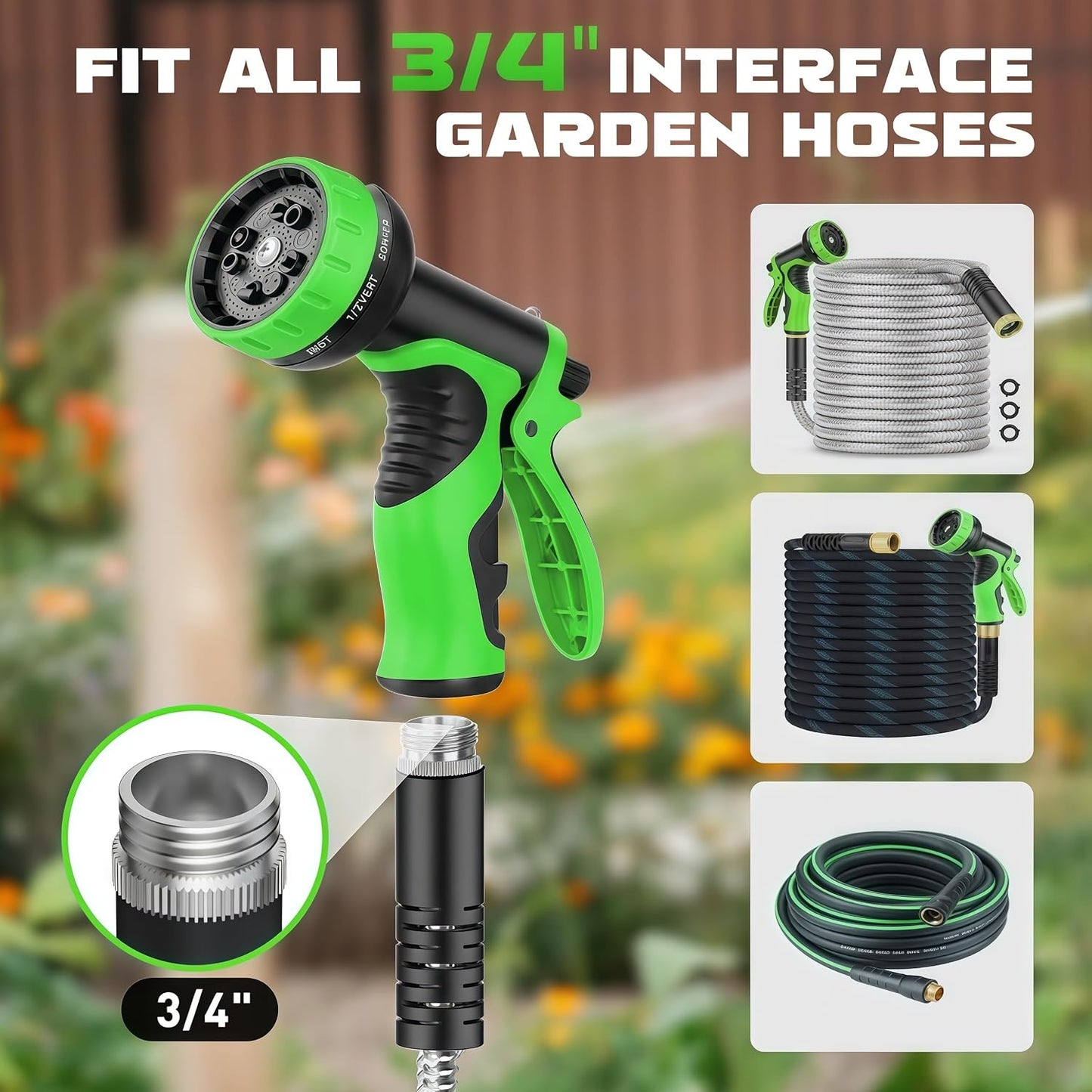 Garden Hose Nozzle with 10 Spray Patterns – Hose Sprayer Nozzle for Car Washing, Pet Bathing & Lawn Care with Lock Feature & Comfort Grip – Fits All 3/4" Standard Hoses Thread